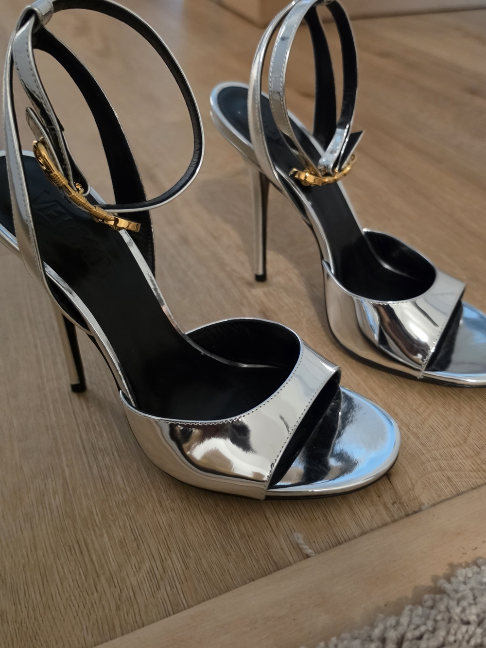 Versace Silver Mirror Metallic Open-Toe Stiletto Sandals with Gold Buckle - Picture 2 of 8